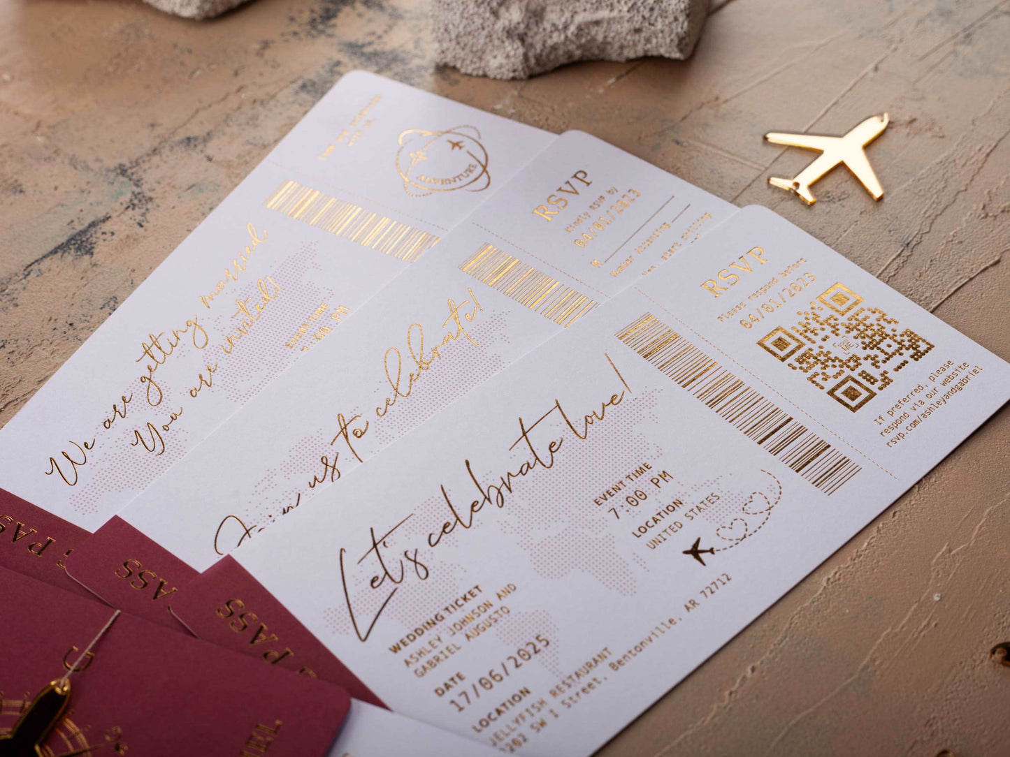 Burgundy Boarding Pass Wedding Invitation with Gold Foil