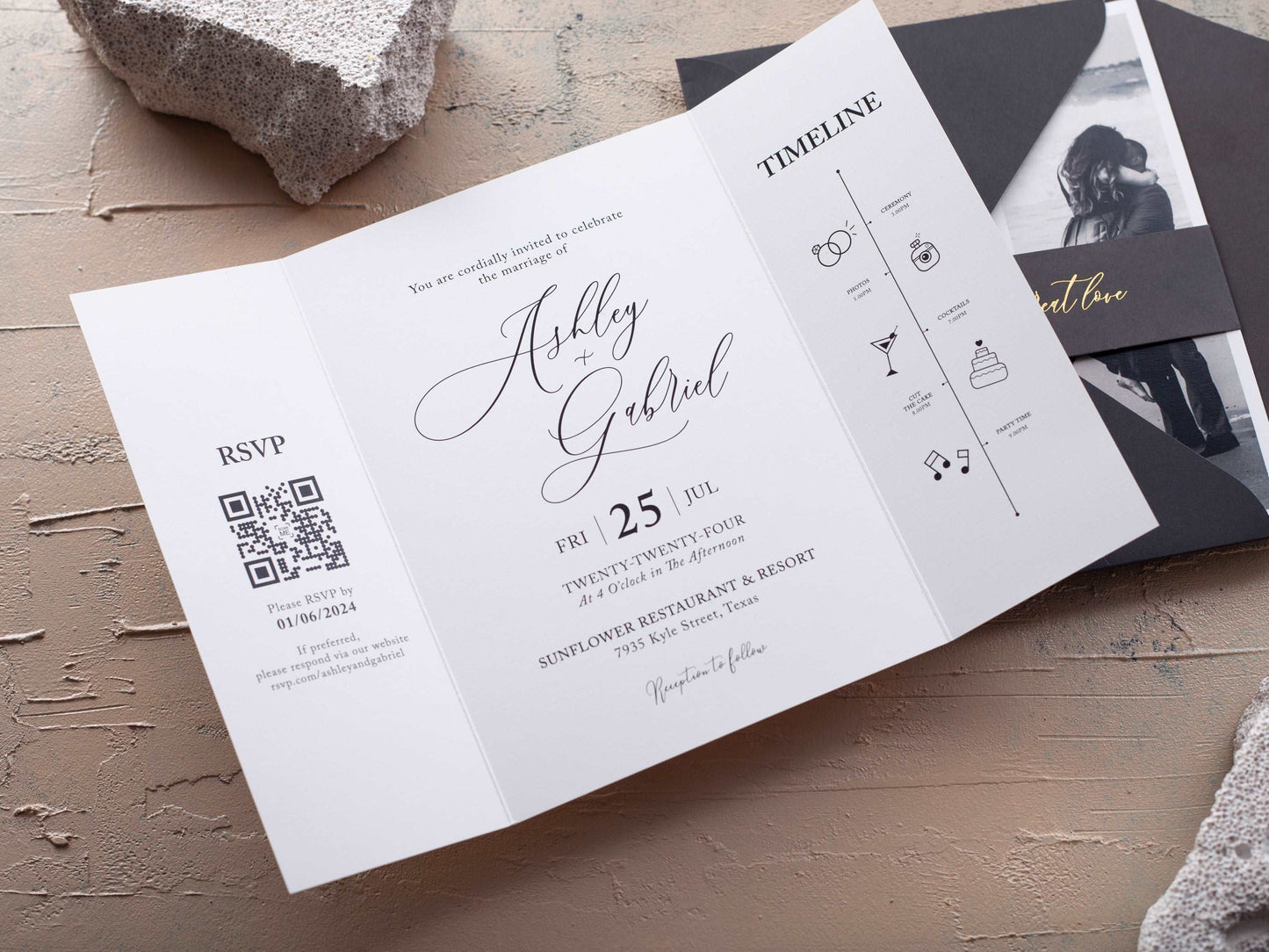 Folded Wedding Invitation with Photo and Timeline