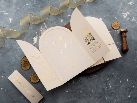 Arch Acrylic Invitation with Gold Foil Lettering and Ivory Gatefold Jacket