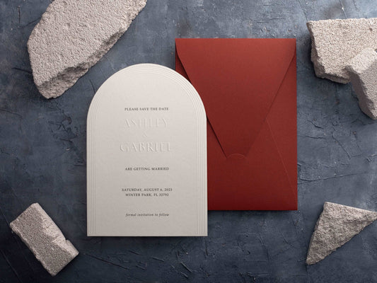 Arch Embossed Save the Date with Terracotta Envelope