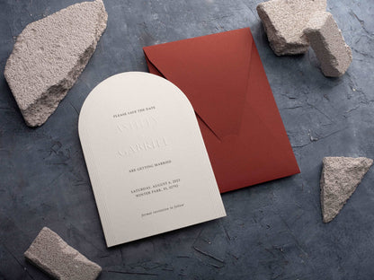 Arch Embossed Save the Date with Terracotta Envelope