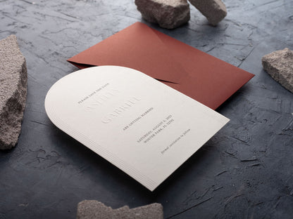 Arch Embossed Save the Date with Terracotta Envelope