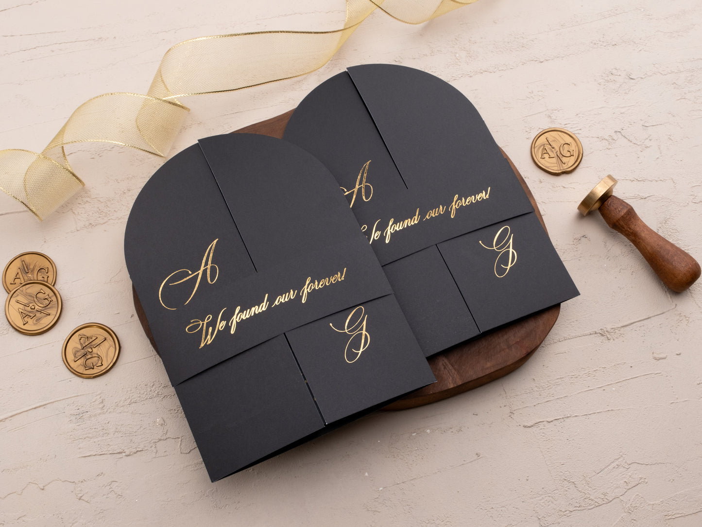 Arch Acrylic Invitation with Gold Foil Lettering and Black Gate Fold Jacket