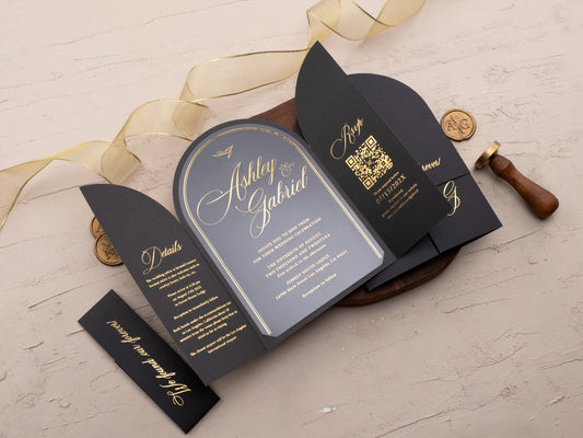 Arch Acrylic Invitation with Gold Foil Lettering and Black Gate Fold Jacket