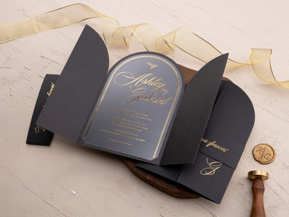 Arch Acrylic Invitation with Gold Foil Lettering and Black Gate Fold Jacket