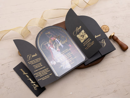 Arch Acrylic Invitation with Gold Foil Lettering and Black Gate Fold Jacket