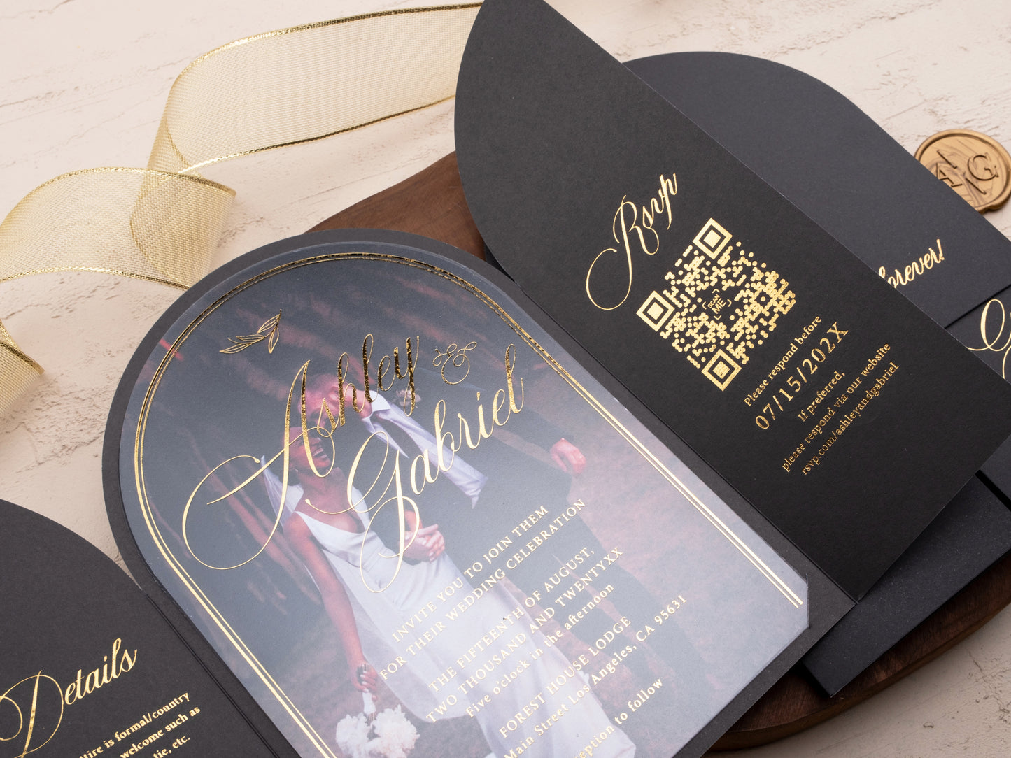 Arch Acrylic Invitation with Gold Foil Lettering and Black Gate Fold Jacket