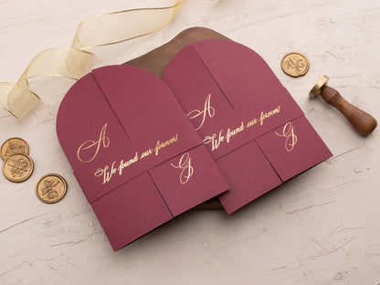 Arch Acrylic Invitation with Gold Foil Lettering and Burgundy Gatefold Jacket