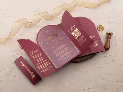 Arch Acrylic Invitation with Gold Foil Lettering and Burgundy Gatefold Jacket