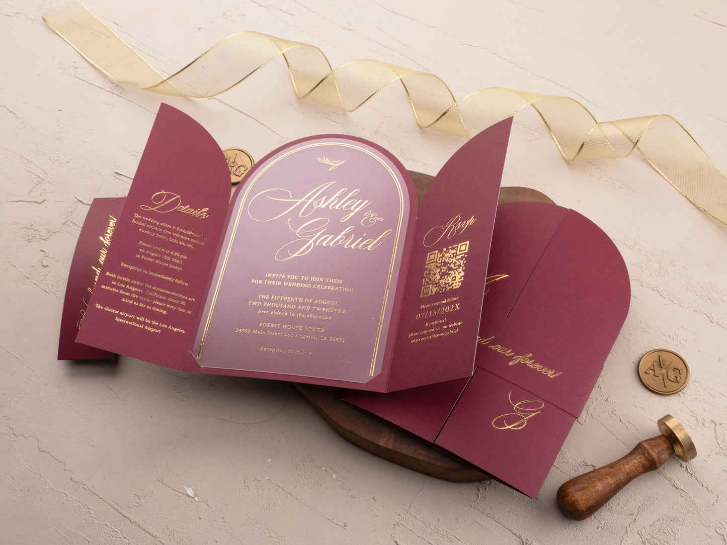 Arch Acrylic Invitation with Gold Foil Lettering and Burgundy Gatefold Jacket