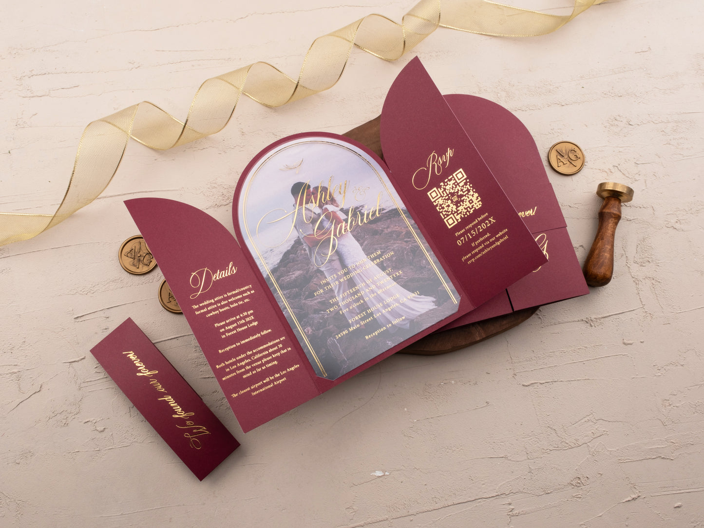 Arch Acrylic Invitation with Gold Foil Lettering and Burgundy Gatefold Jacket