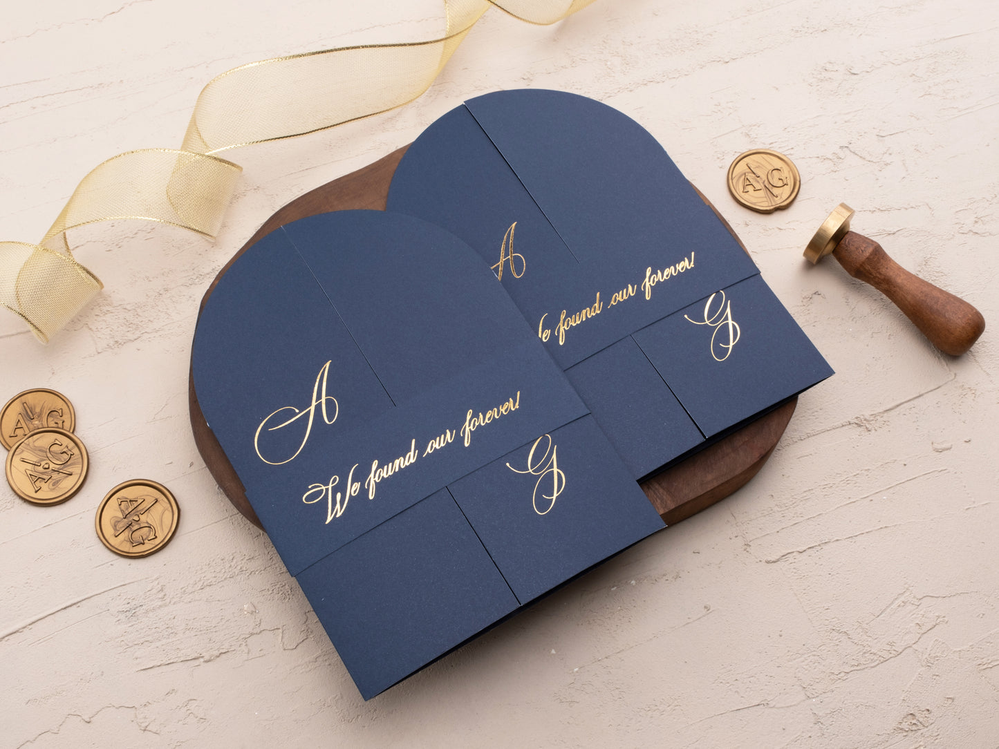 Arch Acrylic Invitation with Gold Foil Lettering and Navy Blue Gatefold Jacket