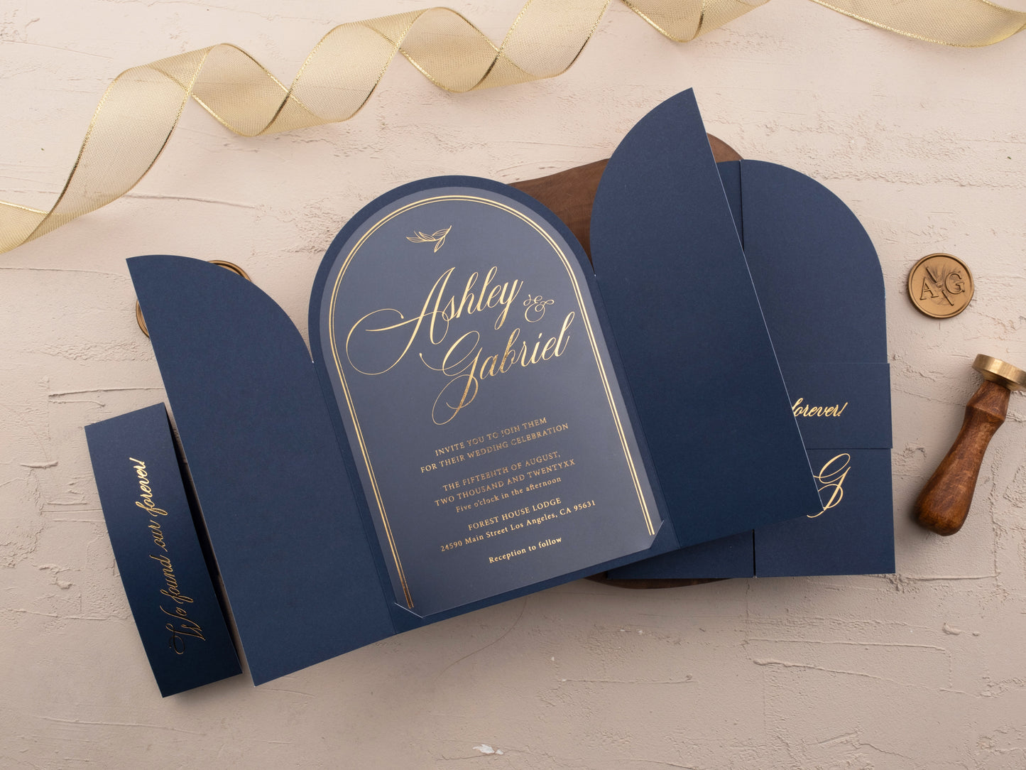 Arch Acrylic Invitation with Gold Foil Lettering and Navy Blue Gatefold Jacket