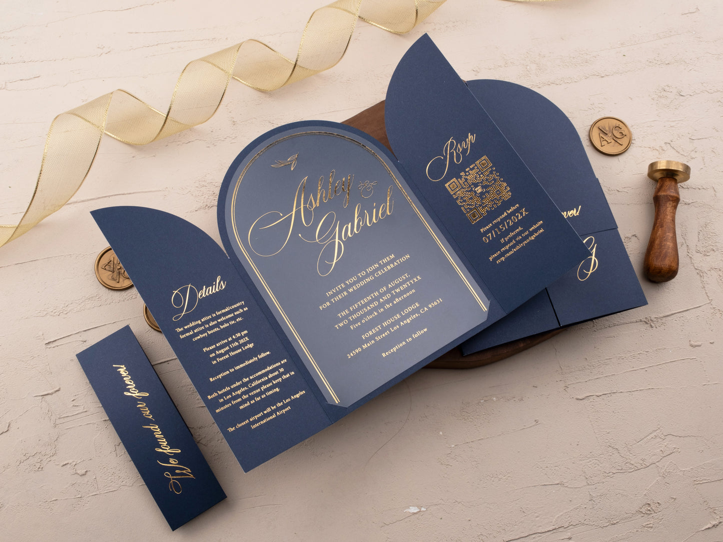 Arch Acrylic Invitation with Gold Foil Lettering and Navy Blue Gatefold Jacket