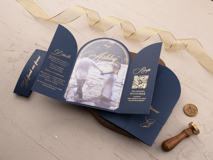 Arch Acrylic Invitation with Gold Foil Lettering and Navy Blue Gatefold Jacket