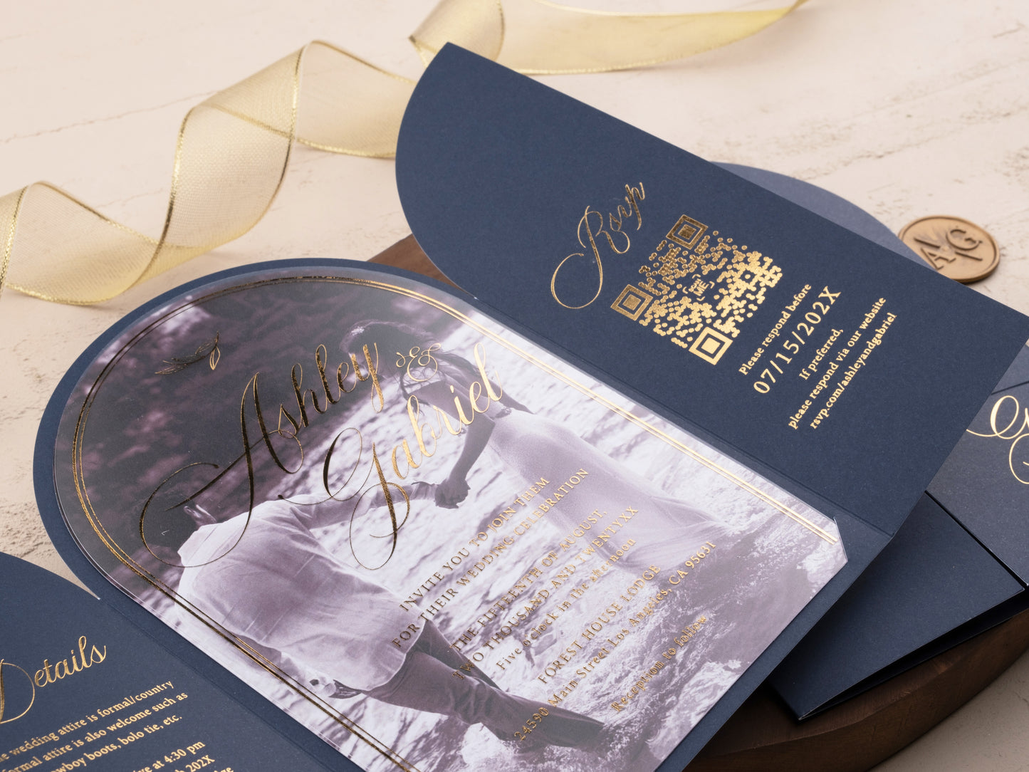 Arch Acrylic Invitation with Gold Foil Lettering and Navy Blue Gatefold Jacket