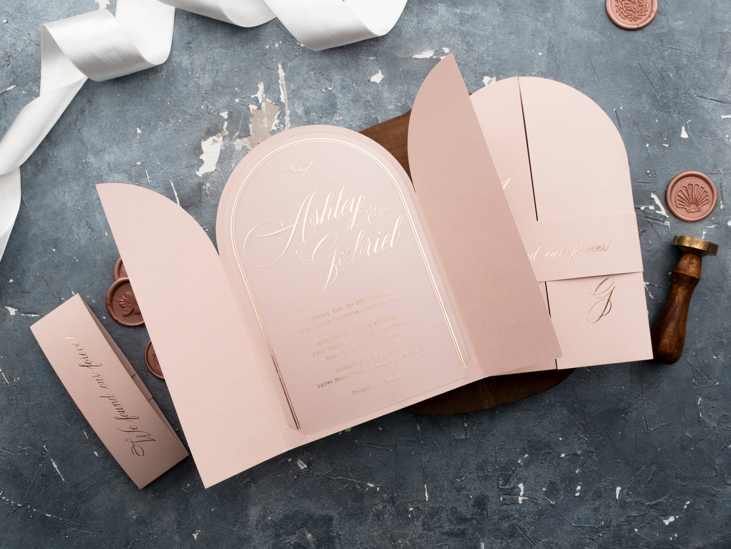 Arch Acrylic Invitation with Rose Gold Foil and Blush Pink Gatefold Jacket