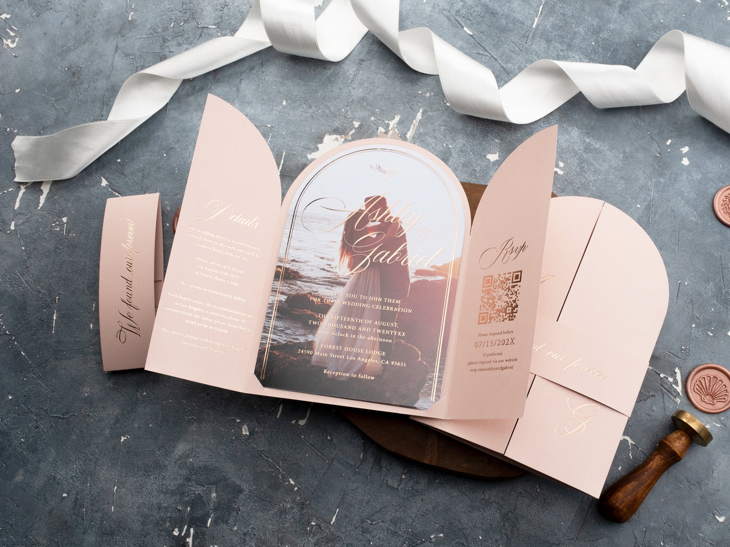 Arch Acrylic Invitation with Rose Gold Foil and Blush Pink Gatefold Jacket