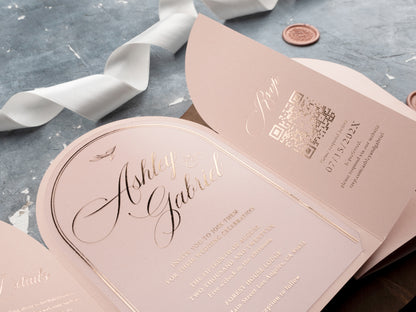 Arch Acrylic Invitation with Rose Gold Foil and Blush Pink Gatefold Jacket