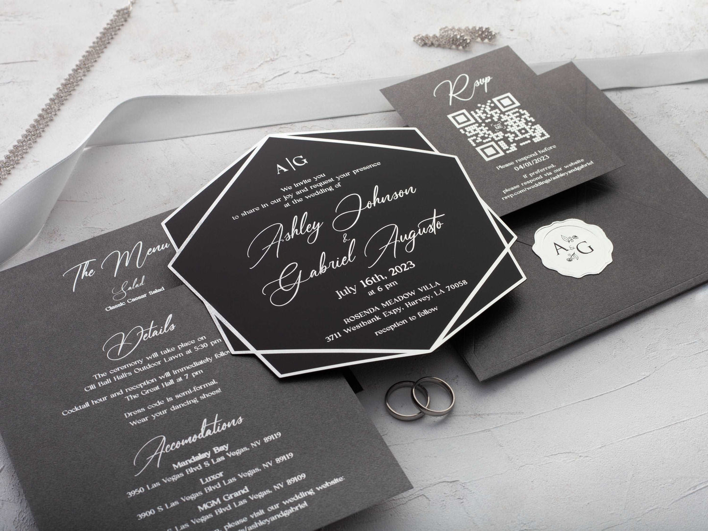 Black and Silver Acrylic Wedding Invitation