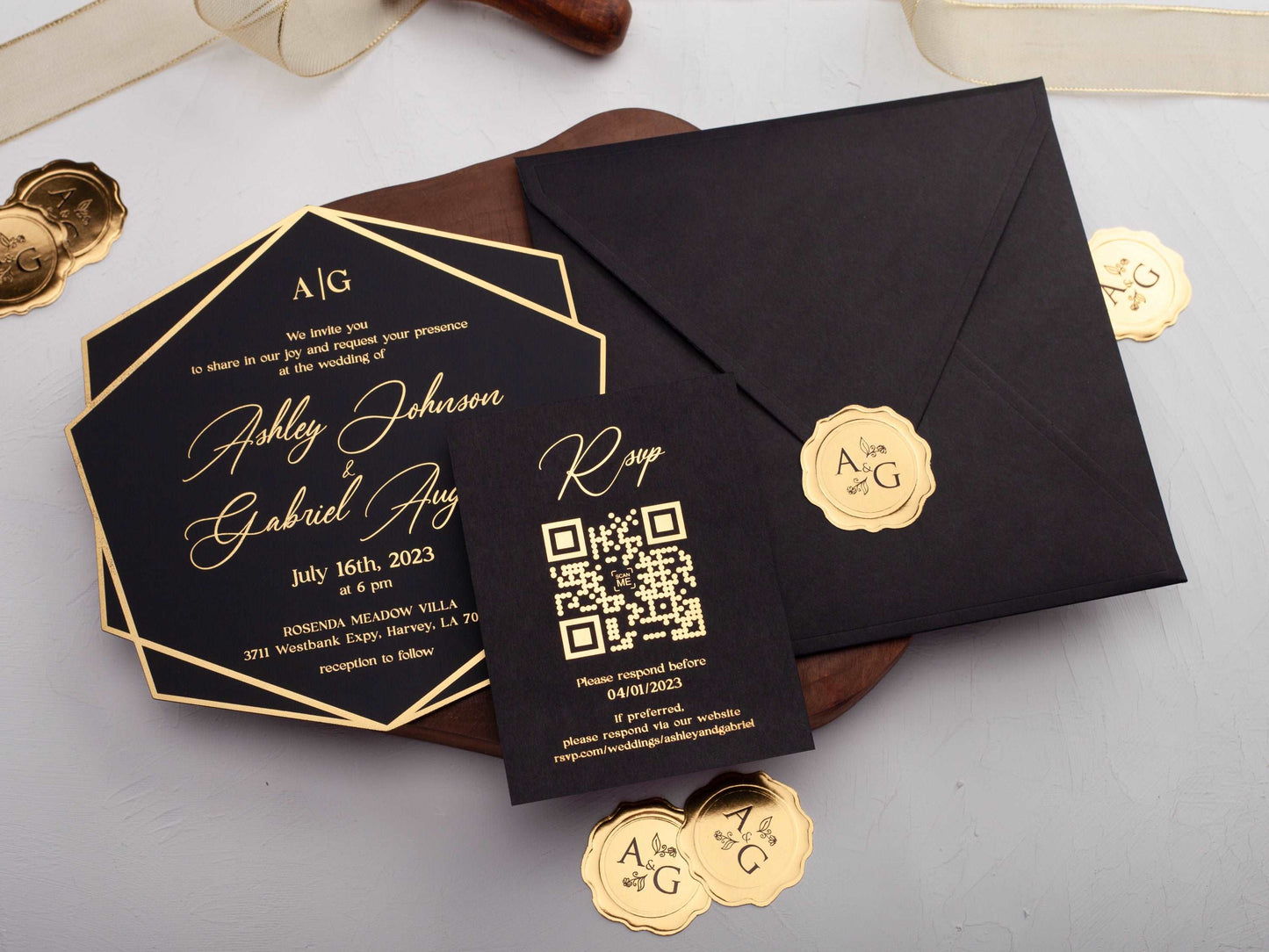 Black Acrylic Wedding Invite with Gold Foil Letters