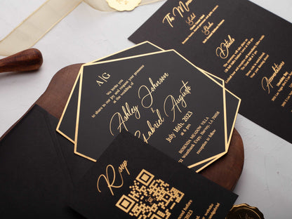 Black Acrylic Wedding Invite with Gold Foil Letters