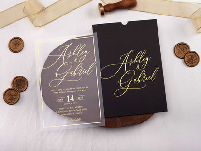 Gold Foil Printed Acrylic Invitation with Black Sleeve Envelope