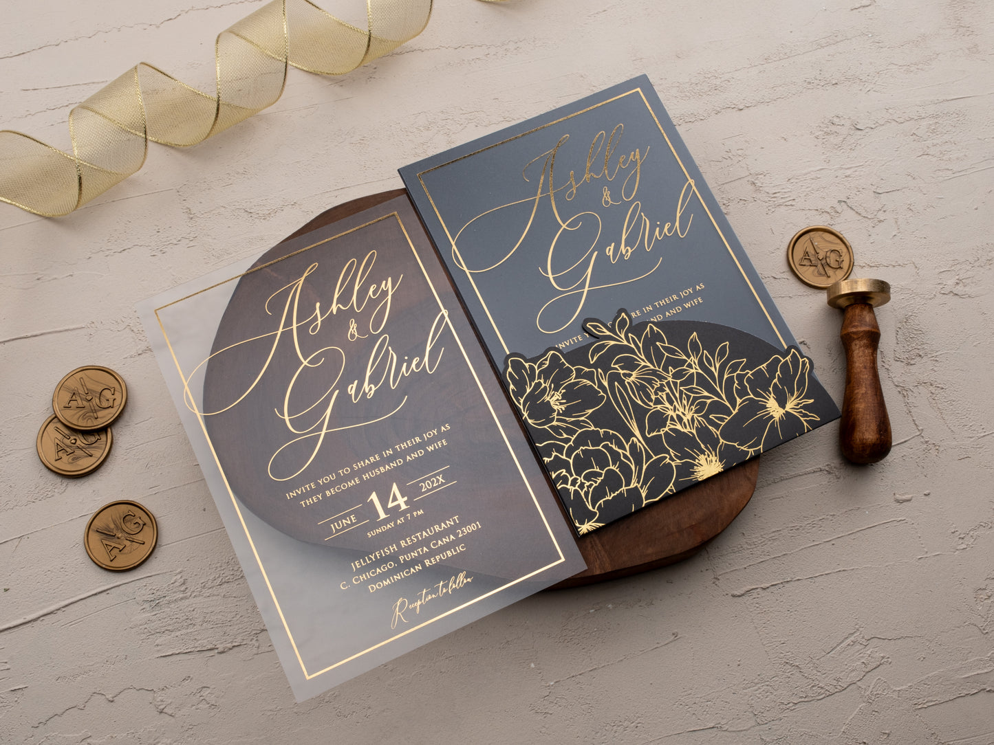 Custom Black & Gold Floral Acrylic Wedding Invitation