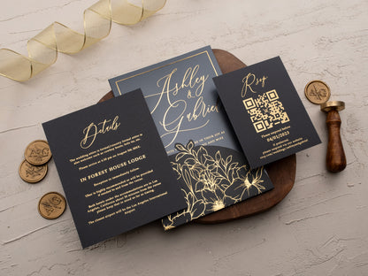 Custom Black & Gold Floral Acrylic Wedding Invitation