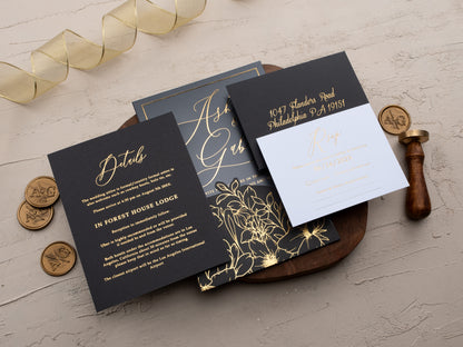 Custom Black & Gold Floral Acrylic Wedding Invitation