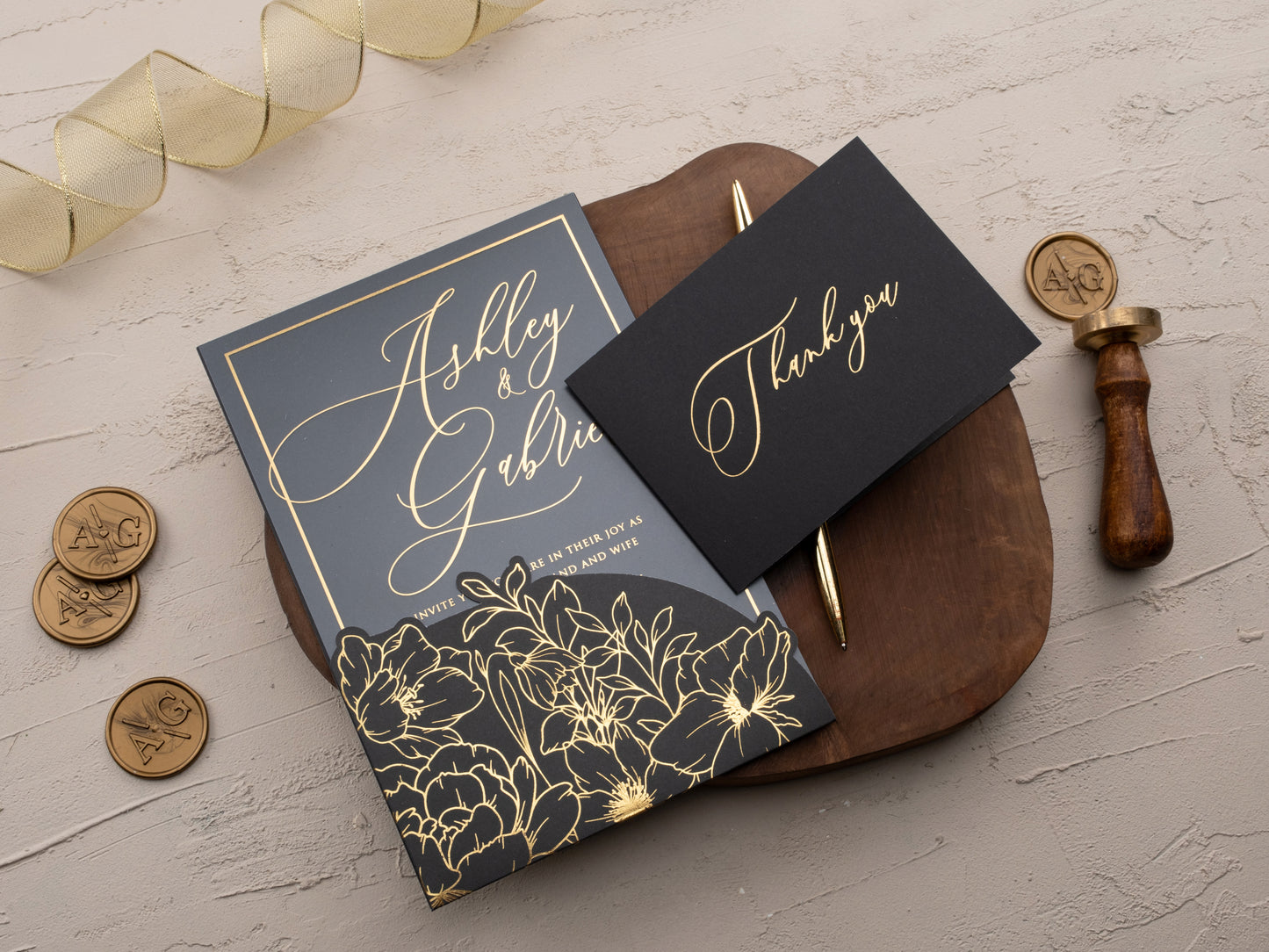 Custom Black & Gold Floral Acrylic Wedding Invitation