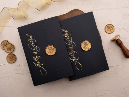 Elegant Black and Gold Foil Gatefold Wedding Invitation