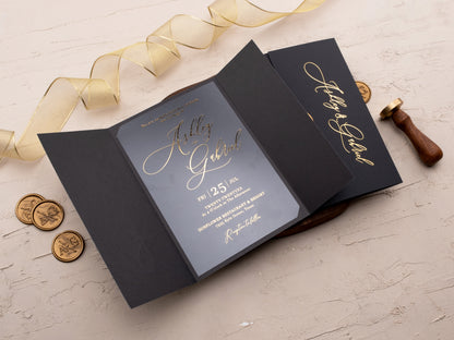 Elegant Black and Gold Foil Gatefold Wedding Invitation