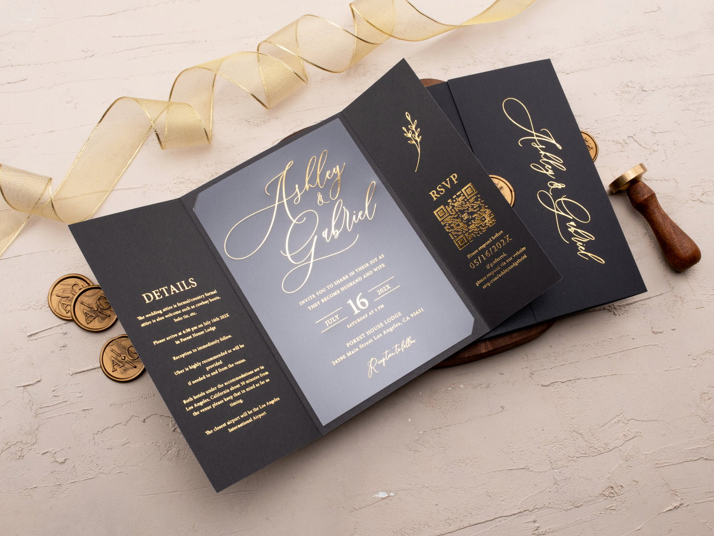 Elegant Black and Gold Foil Gatefold Wedding Invitation