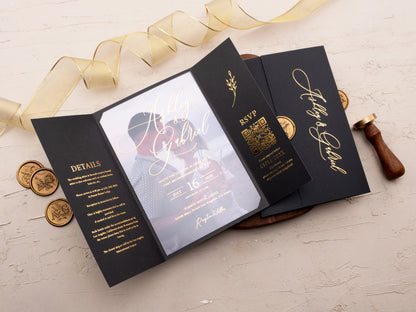 Elegant Black and Gold Foil Gatefold Wedding Invitation