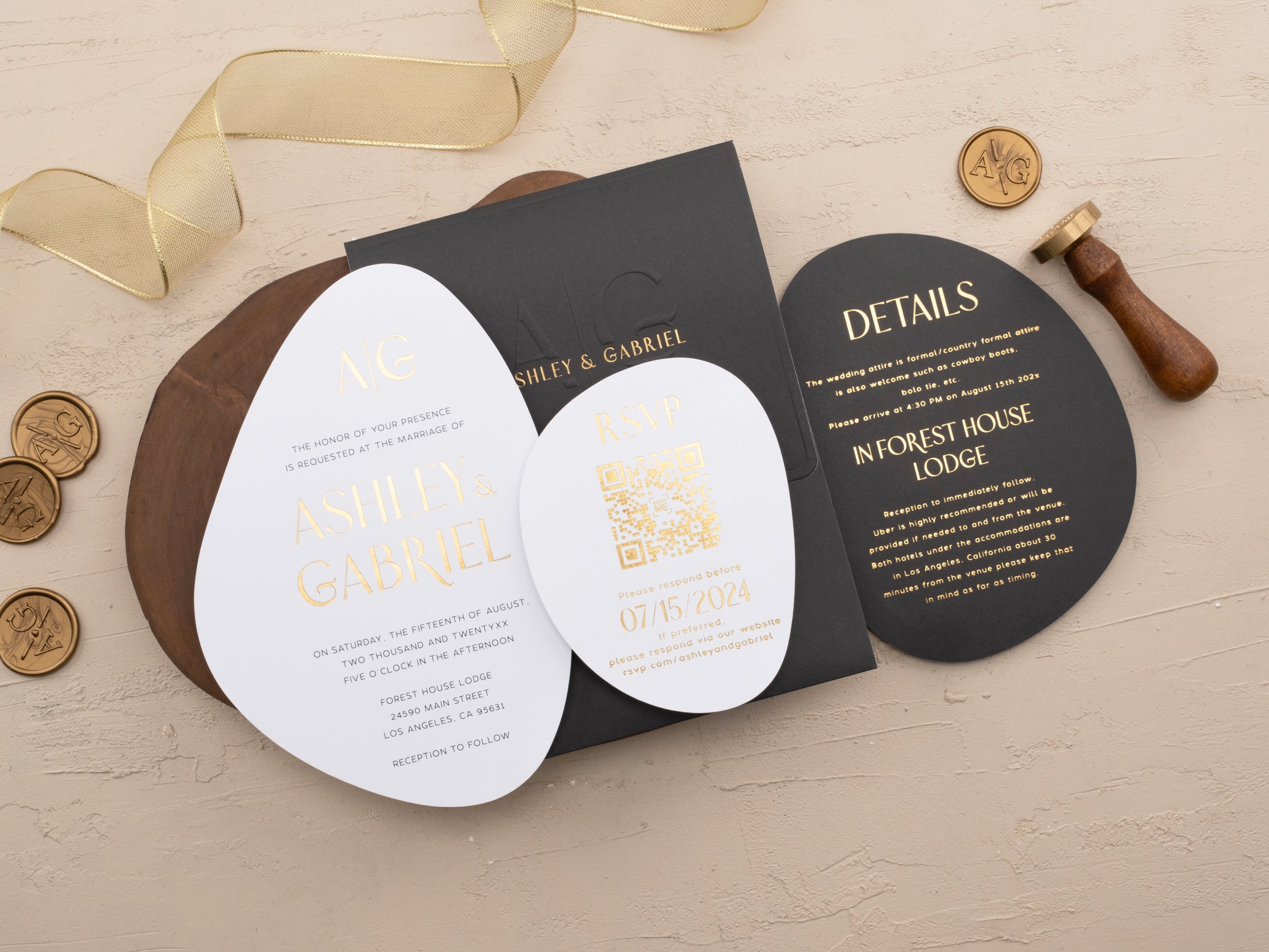 Elegant Black and Gold Modern Shape Wedding Invitation