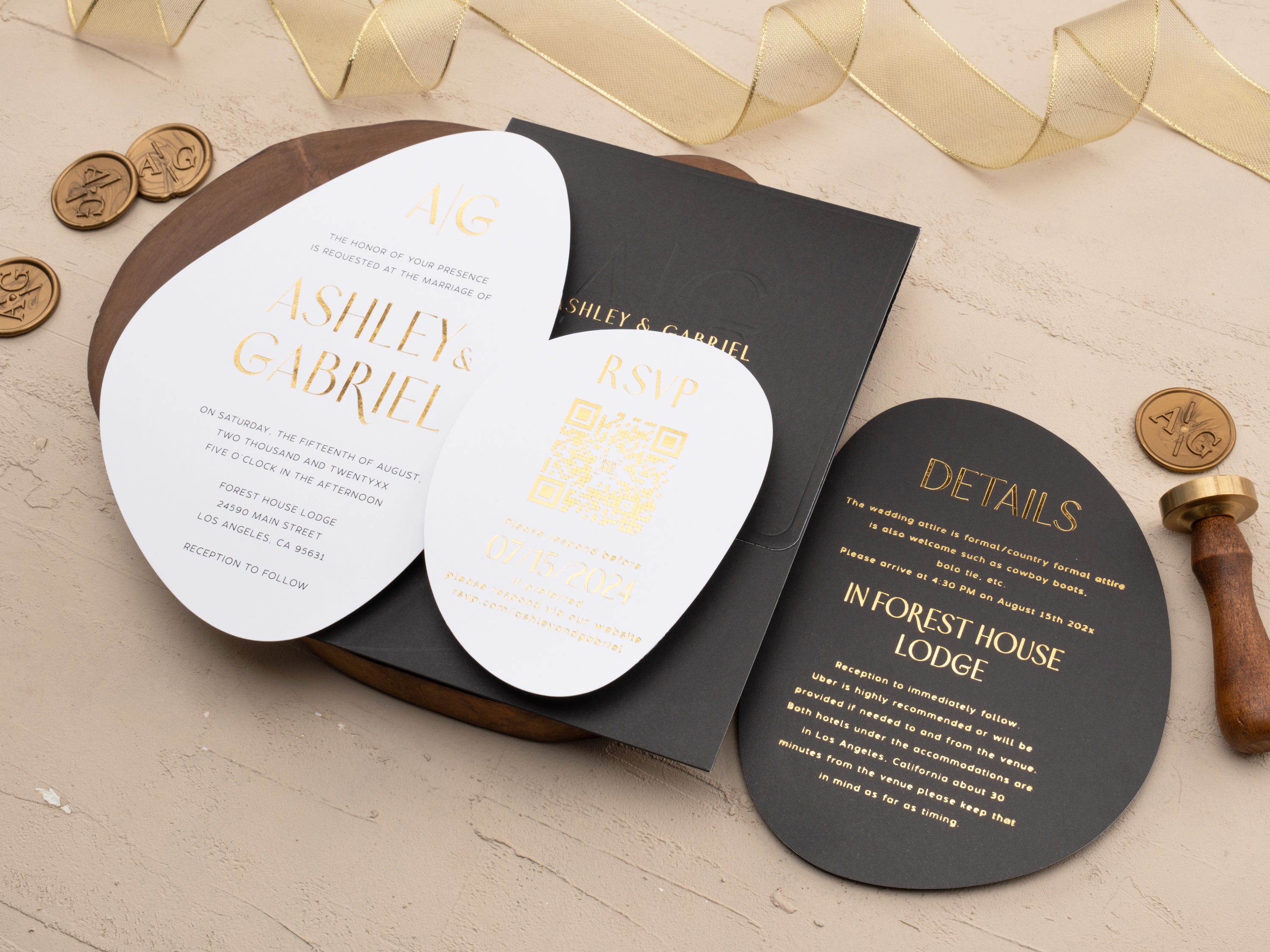 Elegant Black and Gold Modern Shape Wedding Invitation