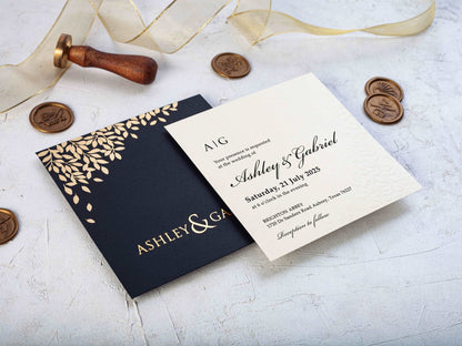 Black and Gold Wedding Invitation with Embossed Leaves