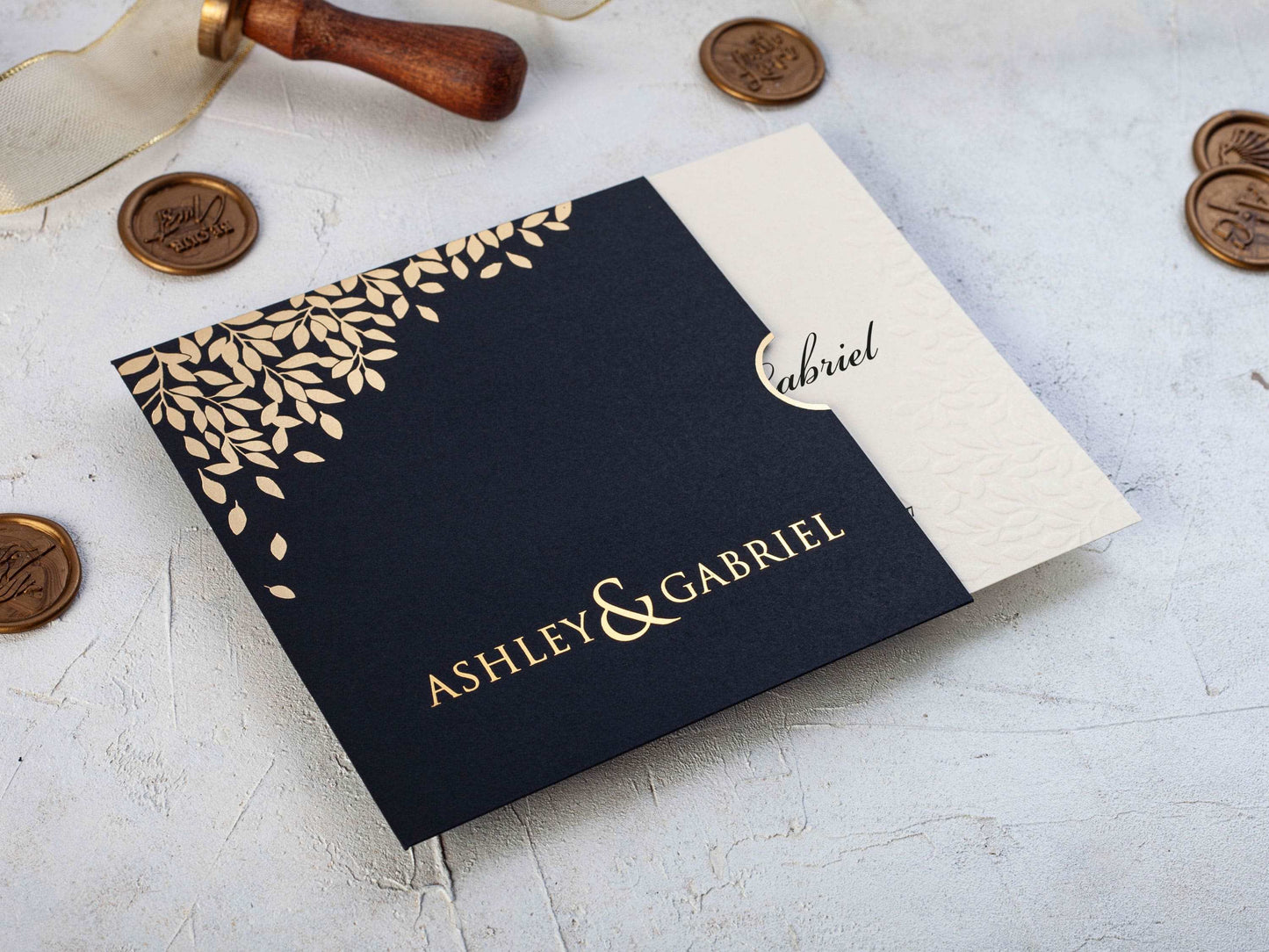 Black and Gold Wedding Invitation with Embossed Leaves