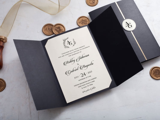 Black Gatefold Wedding Invitation with Gold Details