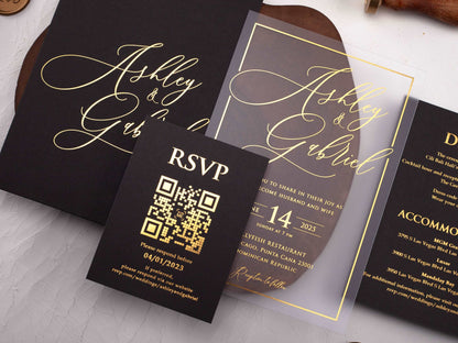 Gold Foil Printed Acrylic Invitation with Black Sleeve Envelope