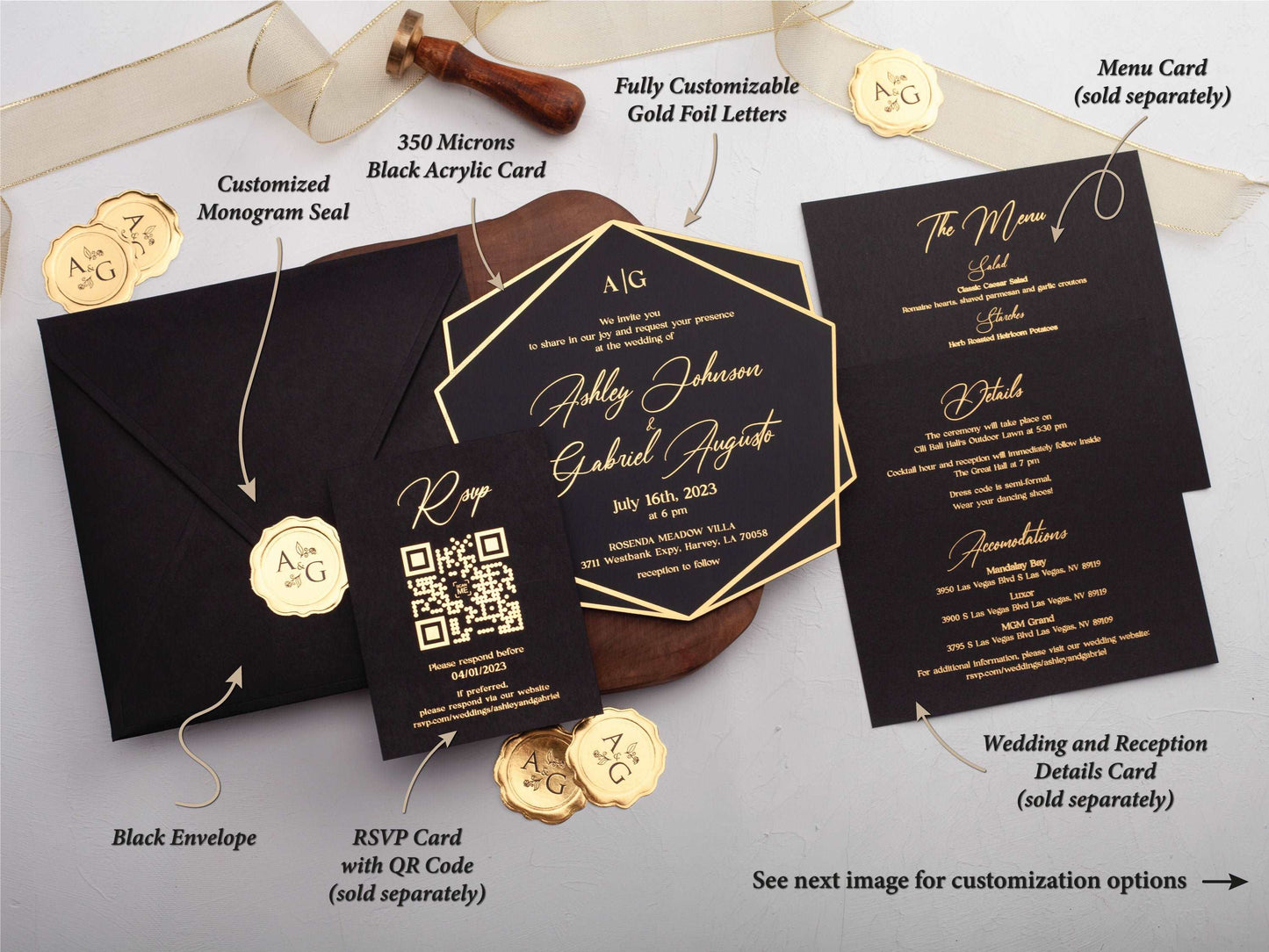 Black Acrylic Wedding Invite with Gold Foil Letters