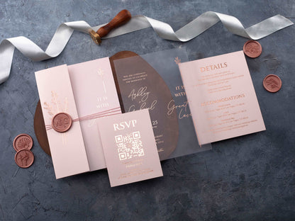 Blush Pink and Rose Gold Acrylic Invitation with Folded Jacket