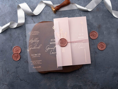 Blush Pink and Rose Gold Acrylic Invitation with Folded Jacket