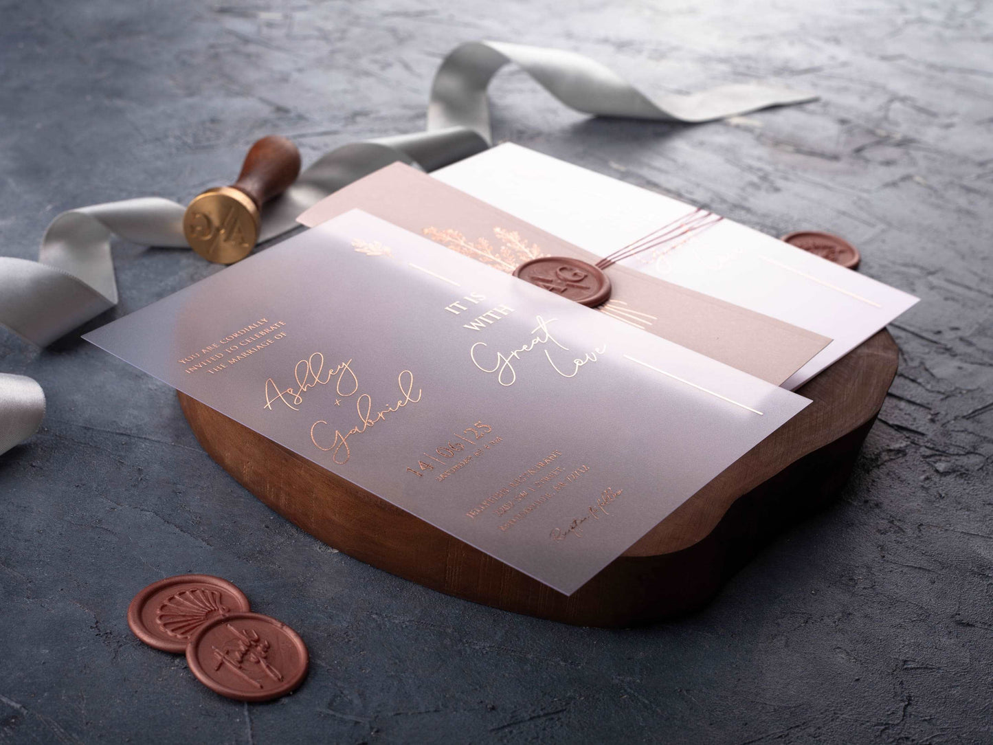 Blush Pink and Rose Gold Acrylic Invitation with Folded Jacket