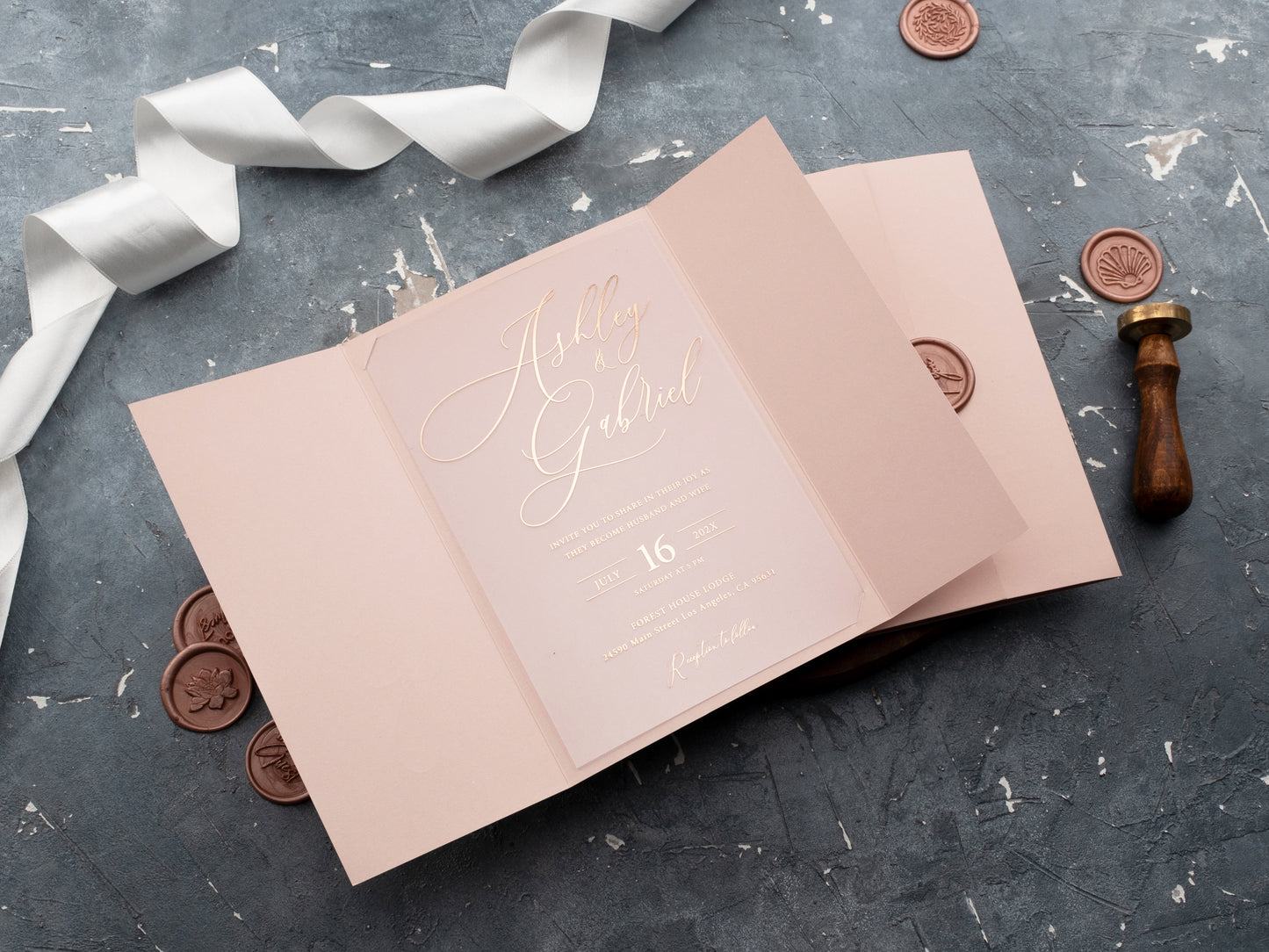 Blush Pink and Rose Gold Acrylic Invitation with Trifold Jacket