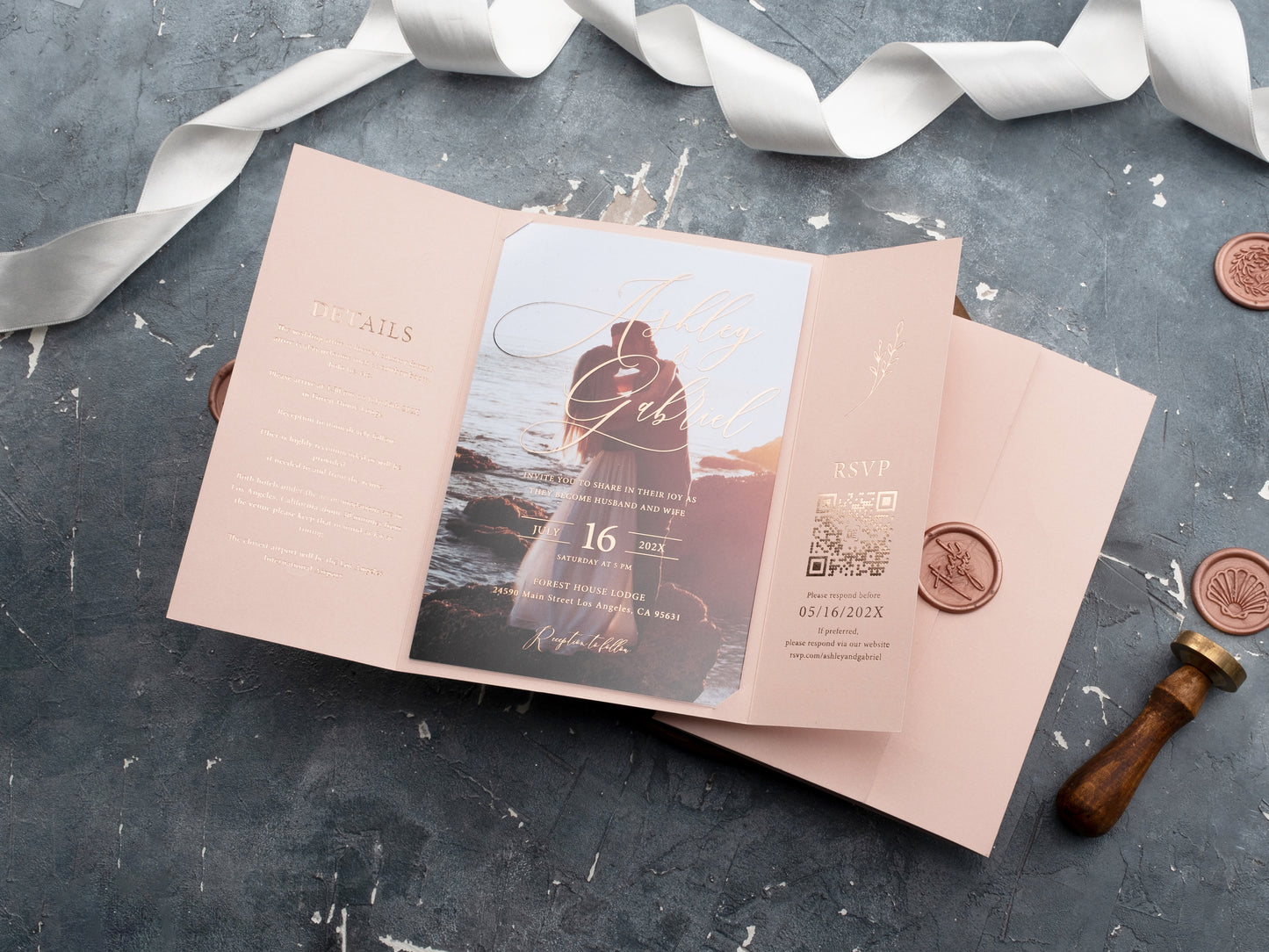 Blush Pink and Rose Gold Acrylic Invitation with Trifold Jacket