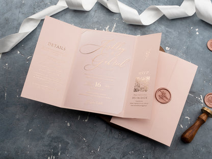 Blush Pink and Rose Gold Acrylic Invitation with Trifold Jacket