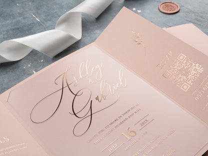 Blush Pink and Rose Gold Acrylic Invitation with Trifold Jacket