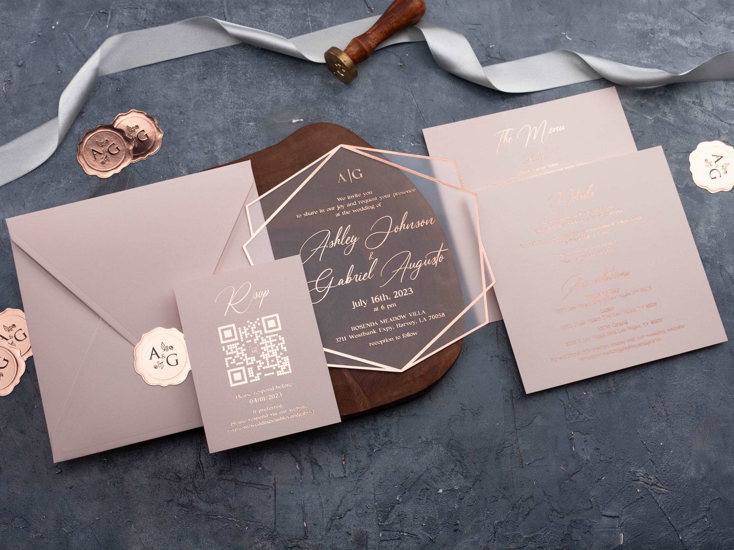 Blush Pink and Rose Gold Acrylic Wedding Invitation